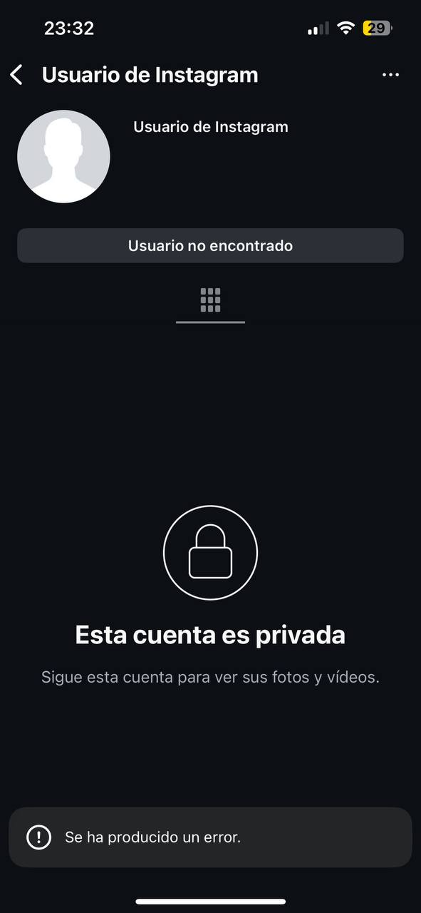 Captura: perfil no disponible, usuario no encontrado