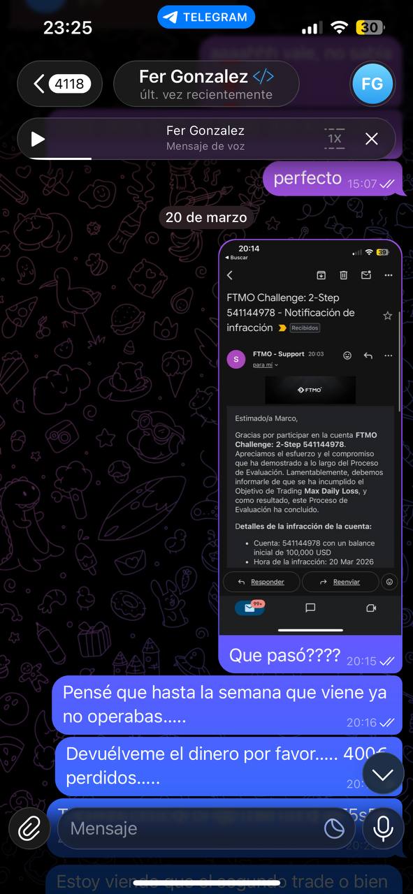 Captura: email de FTMO notificando la infraccion