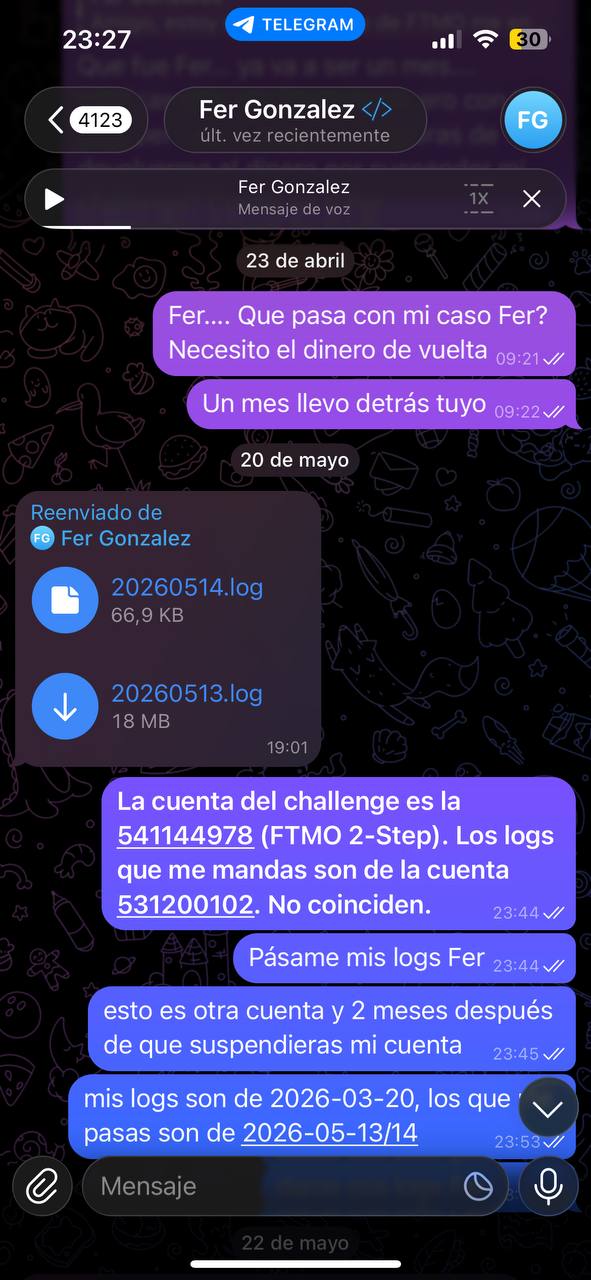 Captura: los logs enviados no coinciden con mi cuenta ni fechas